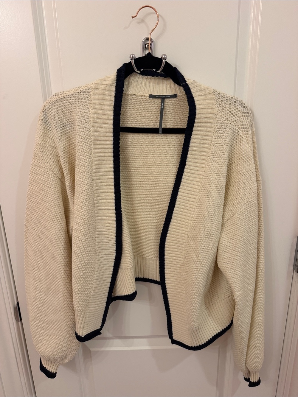 Anthropologie cream open cardigan sweater navy trim one size